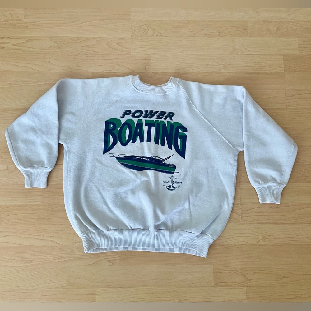 Power Boating Vintage Graphic Crewneck White Sweater Triumph Made in Canada